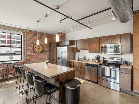 A community kitchen and dining space